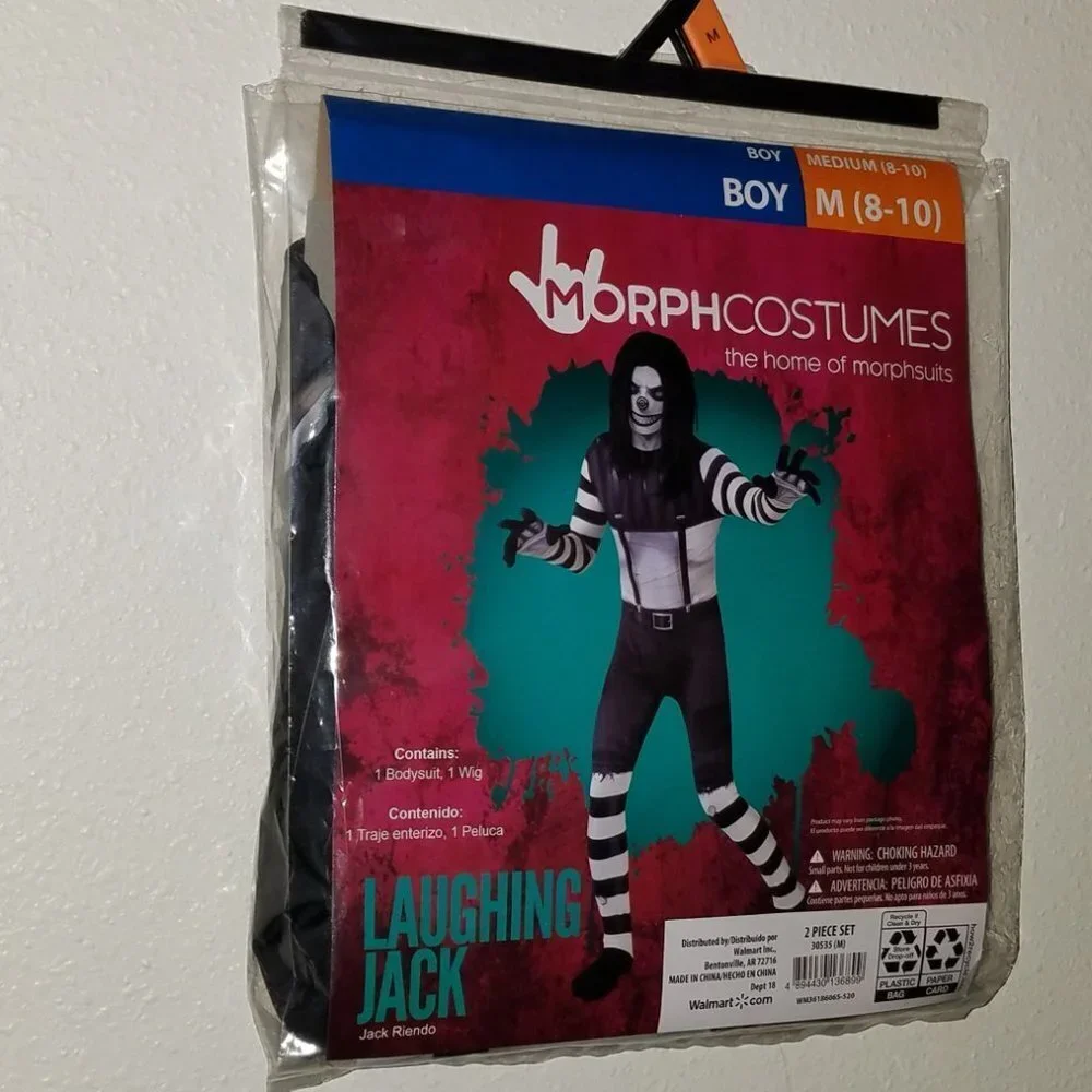 NEW Laughing Jack Morphcostumes Black White Costume Boy Medium 8-10 Bodysuit Wig